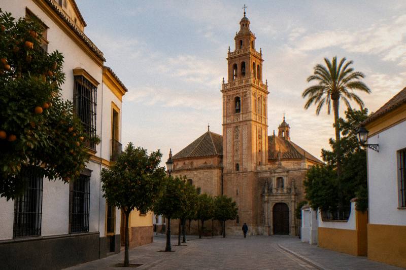 Luz cálida de primera hora de la tarde en la iglesia gótica y mudéjar de Santa Ana en Triana, Sevilla, con su alta torre elevándose sobre casas encaladas del barrio y una calle empedrada vacía que lleva hasta ella.