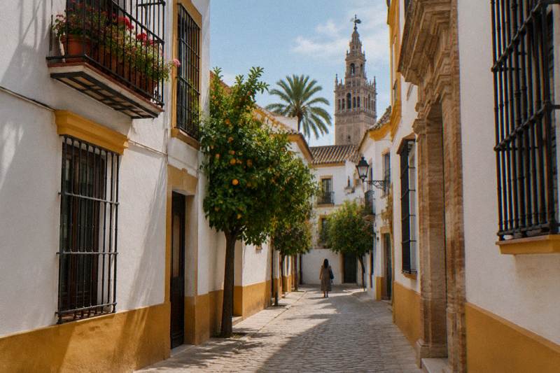 Tarde tranquila en un callejón del antiguo barrio judío de Sevilla, casas encaladas con zócalos ocre y ventanas con rejas de hierro, macetas de geranios en un balcón, un trozo de cielo azul entre los tejados, una figura lejana de espaldas