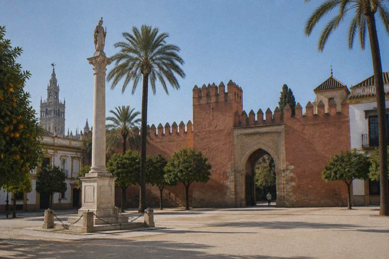 Clear morning in Plaza del Triunfo in Seville, the crenellated reddish-ochre walls of the Real Alcazar with the pointed gateway of the Lion Gate, a tall stone column topped with a statue in the square, palms, a couple of tiny distant figures.