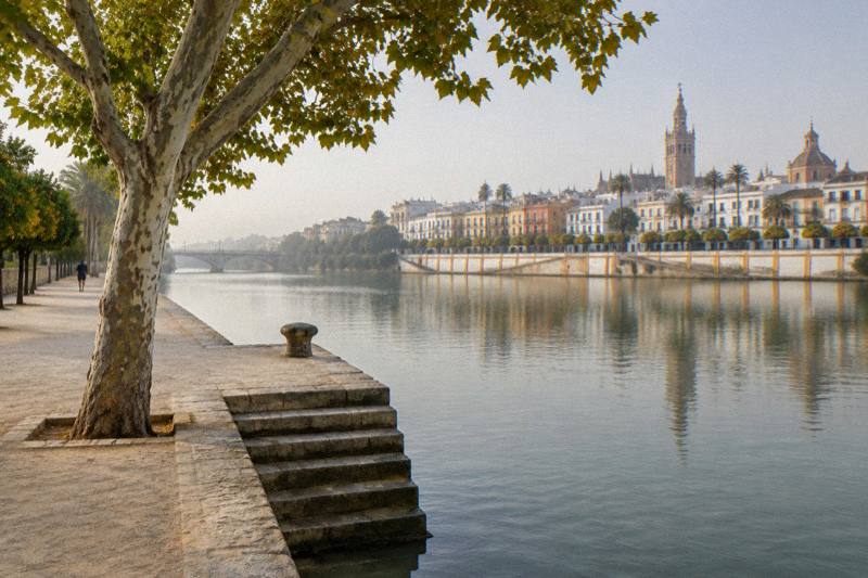 Mañana tranquila en un muelle de piedra del Guadalquivir en Sevilla, escalones bajos hasta el agua verde en calma, un plátano de sombra en el paseo, las casas pastel de Triana al otro lado del río entre la bruma, un corredor solitario a lo lejos