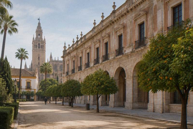 Soft morning light on the Archivo de Indias in Seville, the long pale stone and brick Renaissance building with its plain arcaded ground floor and balustraded roofline, orange trees along the pavement, a single tiny distant figure.