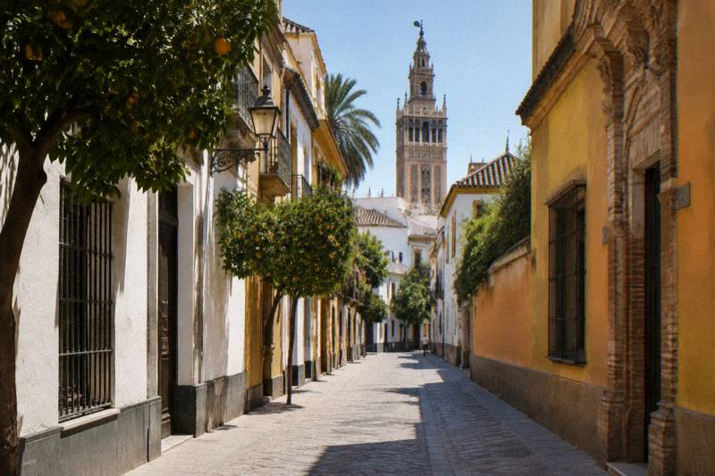 Bright midday in a narrow street in the Santa Cruz quarter of Seville, the Giralda tower framed at the far end between white and ochre buildings, strips of shade across the road, empty street.