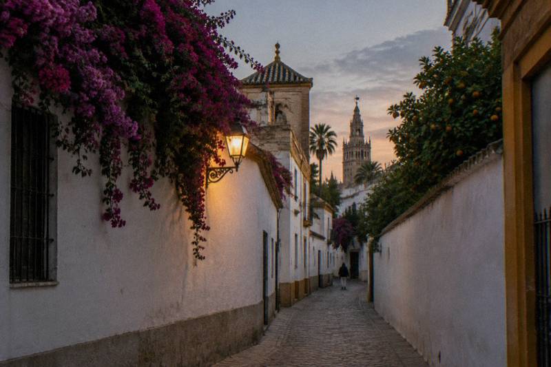 Atardecer en un callejón estrecho de Santa Cruz, Sevilla, con muros encalados y buganvillas colgando de un lado, una farola de pared recién encendida, un naranjo asomando tras un muro de jardín y adocines vacíos.