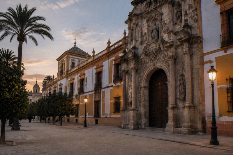 Atardecer en el Palacio de San Telmo en Sevilla, el enorme portal barroco de piedra con estatuas talladas y columnas, la larga pared ocre y blanca a su lado, las farolas encendiéndose, una acera vacía.