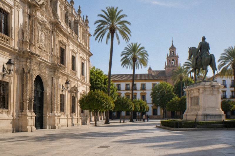 Bright morning in Plaza Nueva in Seville, the ornate carved stone front of the City Hall on one side, a bronze equestrian statue on a stone plinth, tall palm trees and wide empty paving, two tiny distant figures crossing.
