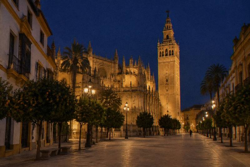 Vista nocturna de la Catedral de Sevilla y la Giralda iluminadas en dorado cálido desde el borde de la ancha avenida peatonal que las precede, cielo azul oscuro, pavimento vacío y un par de figuras diminutas a lo lejos.