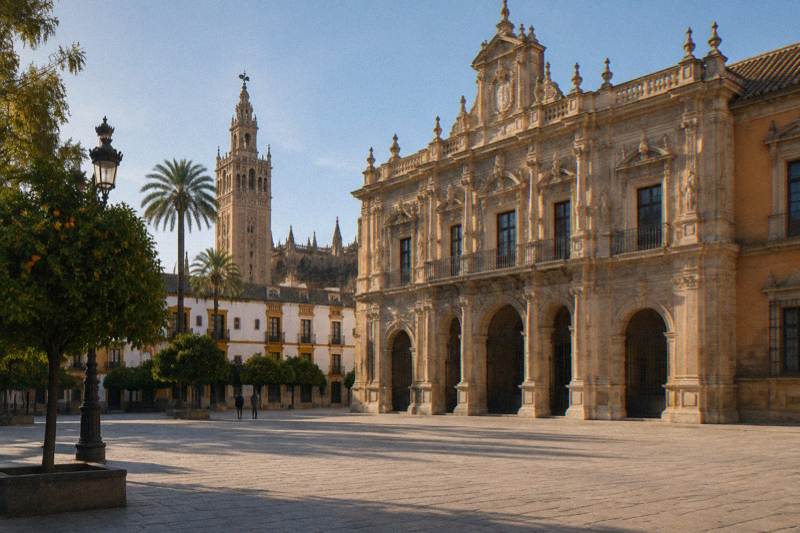 Low raking afternoon sun across the richly carved Renaissance stone facade of Seville's City Hall on Plaza de San Francisco, the wide empty square in front, deep shadows in the carved arches, two tiny figures far across the square.