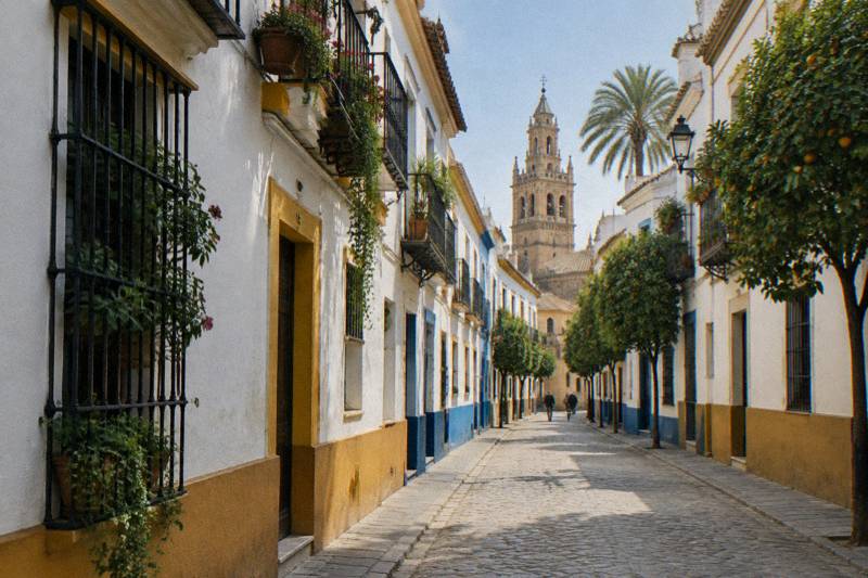 Mid-morning on a quiet street in the Triana district of Seville, low whitewashed houses with ochre and blue painted skirting, wrought-iron balconies with plants, a church tower visible at the end of the street, one tiny distant figure from behind.