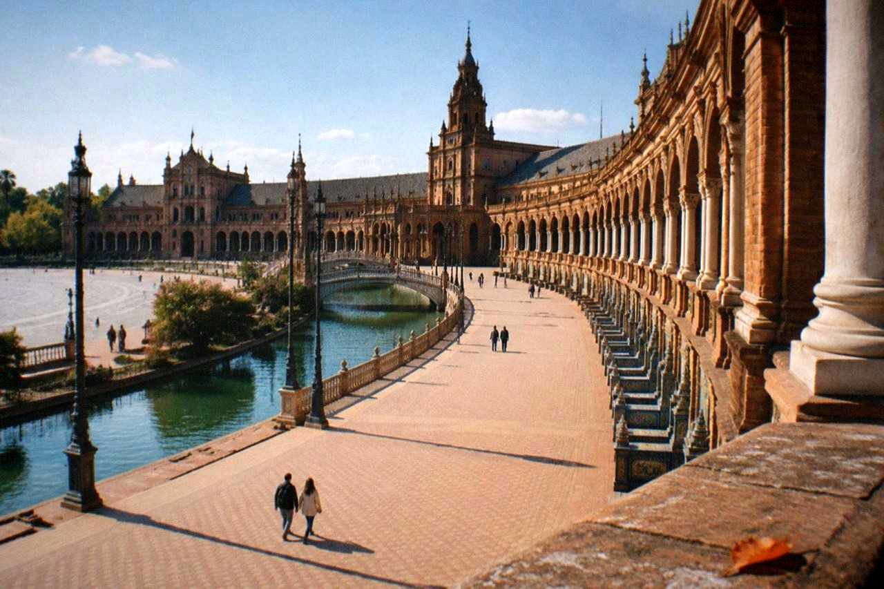 A wide sunlit square in Seville lined with historic facades and tiled benches
