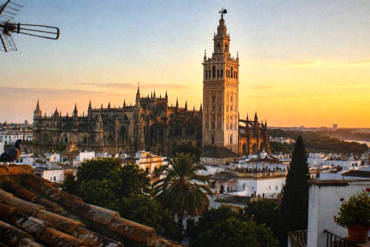 Rooftops of the Seville historic centre with the Giralda tower rising above the cathedral