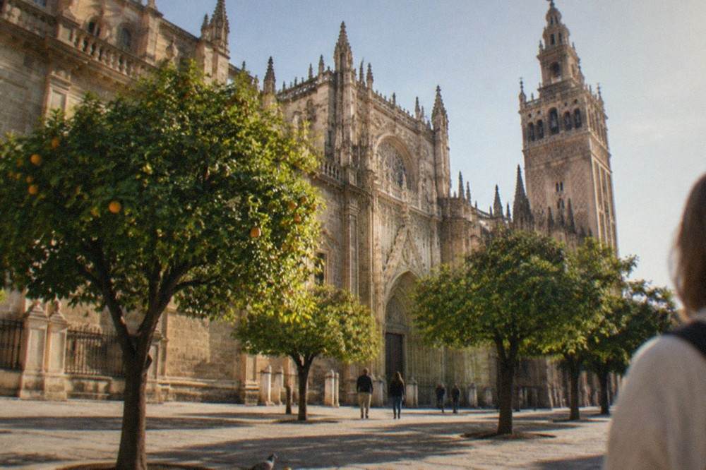 A sunlit stone square in Seville with orange trees and a Gothic cathedral facade