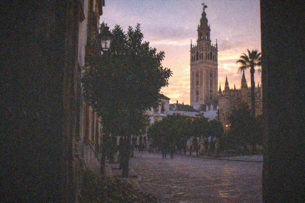 Open square in front of Seville Cathedral with the Giralda tower rising above the rooftops