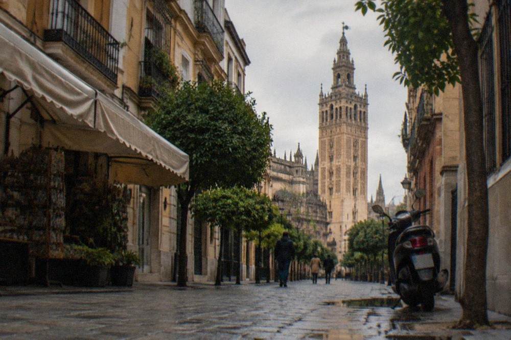 The Giralda tower seen from a Seville street with rooftops in the foreground