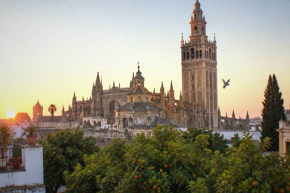 Seville Cathedral facade with the Giralda rising above it
