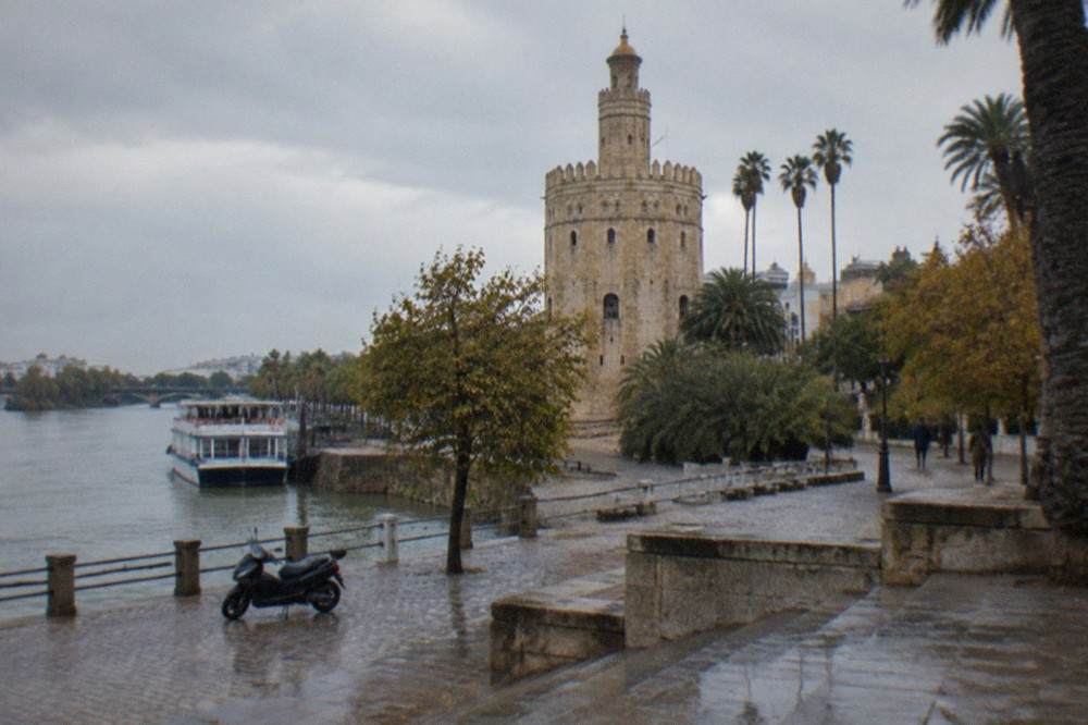The golden stone Torre del Oro tower rising beside the Guadalquivir river