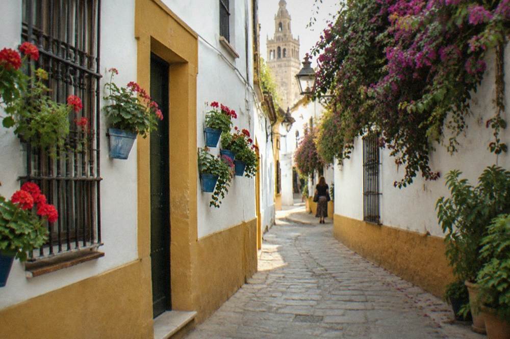 A narrow lane in an old Seville quarter with whitewashed walls and hanging plants