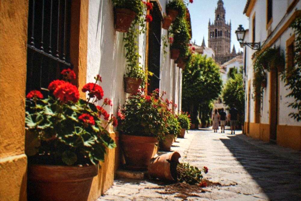 Narrow lane in Santa Cruz with white walls and potted plants