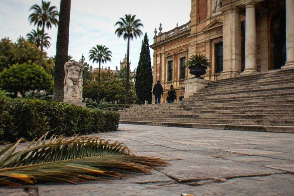Museum courtyard with stone arches, a wide staircase and soft daylight