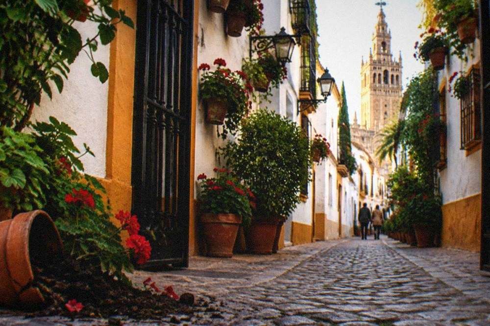 Whitewashed lane with wrought iron gates and potted plants in an old Seville quarter