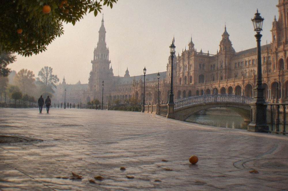 The semicircular facade and canal of Plaza de España seen from the open plaza
