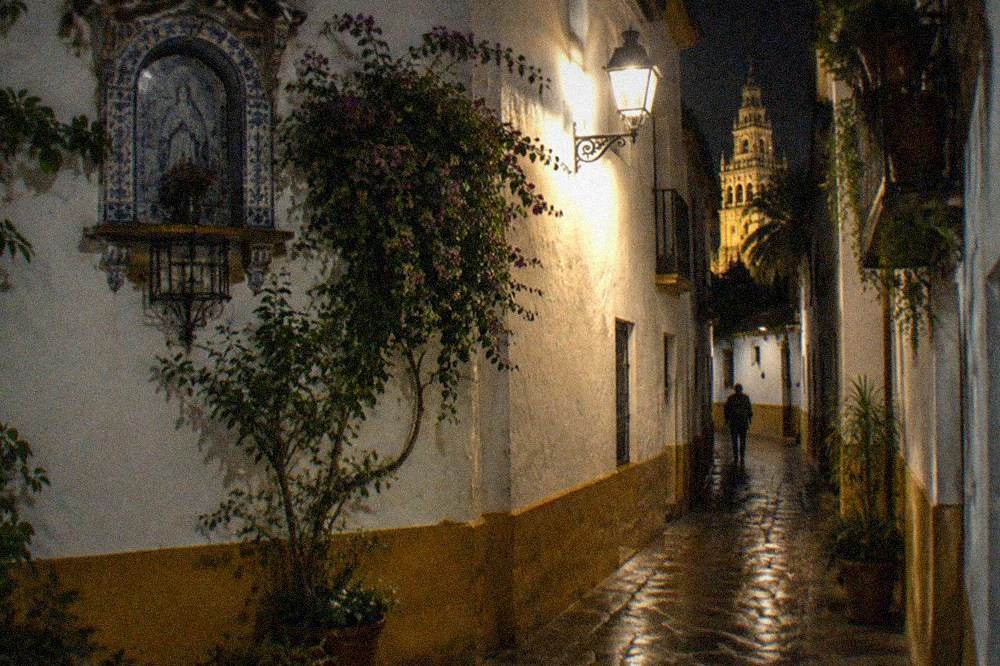 A narrow Seville street at night with warm street lamps