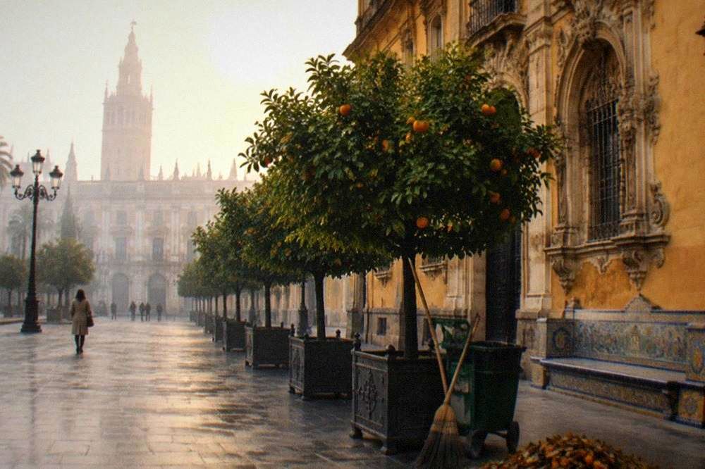 A Seville plaza with orange trees, tiled benches and baroque facades in morning light