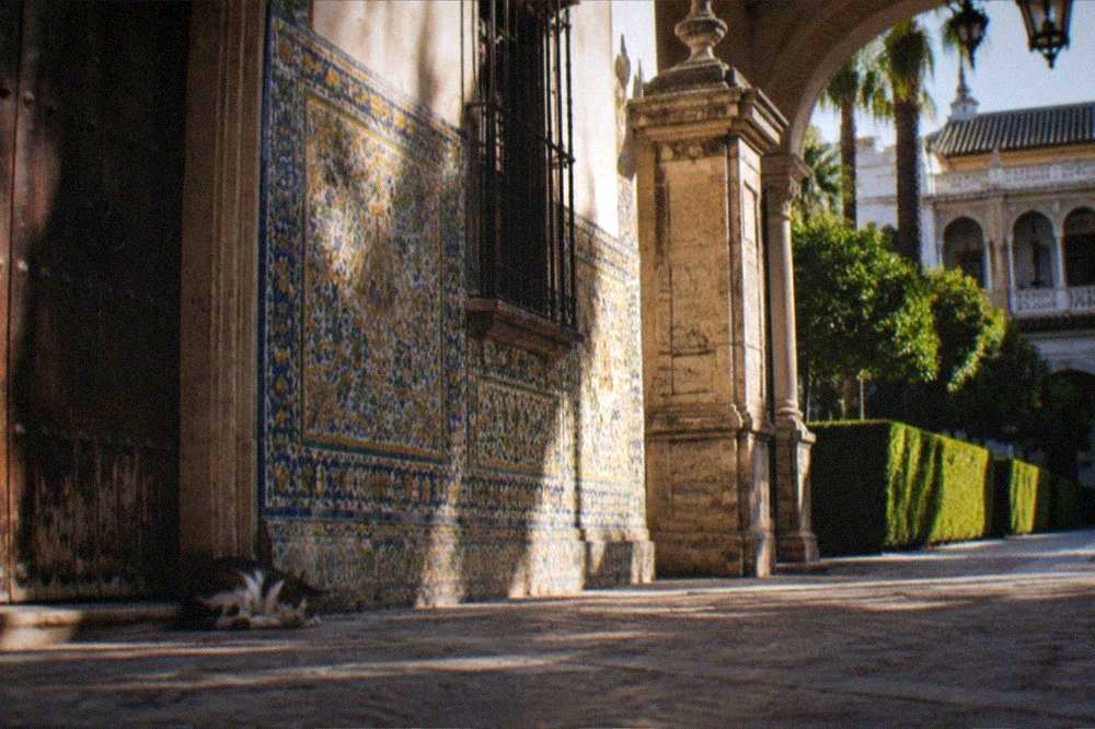 Tiled walls, fountains and trimmed hedges in the gardens of a Seville palace
