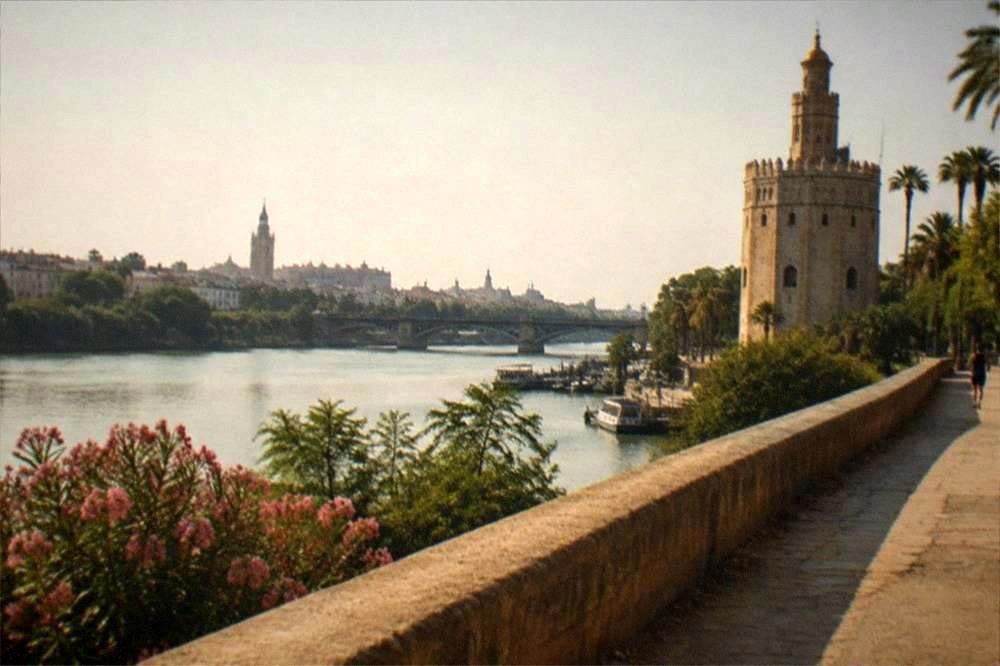The Guadalquivir riverbank promenade with the Torre del Oro and the Triana bridge in the distance